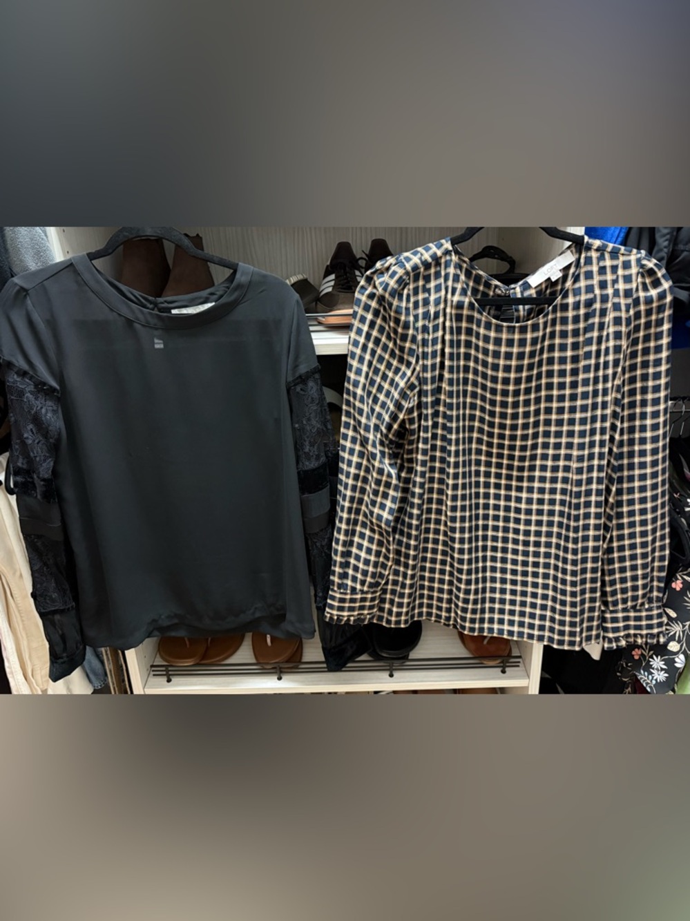 2 Long Sleeve-LOFT Black Lace Sleeve Blouse & Navy Cream Check Blouse - Two Tops
